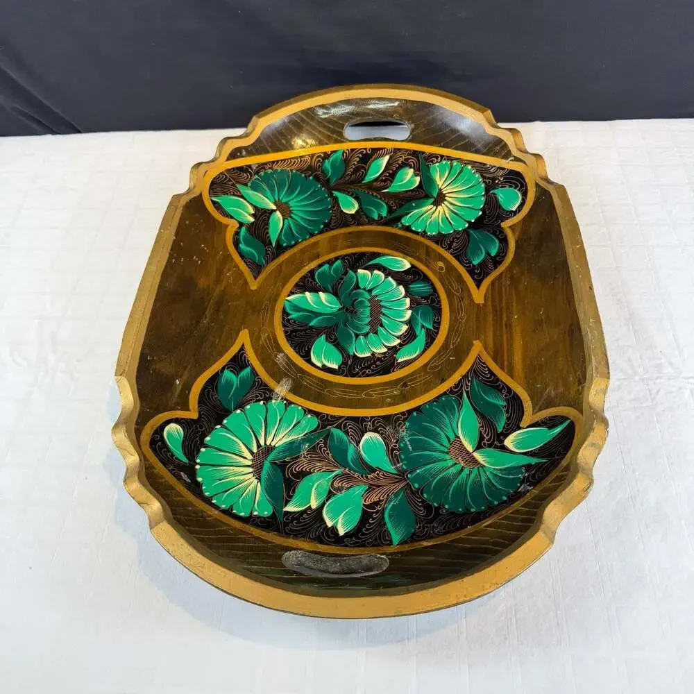 Oval Wood Serving Tray Green Floral Folk Art Gold Trim Handles Large 17in Mexico